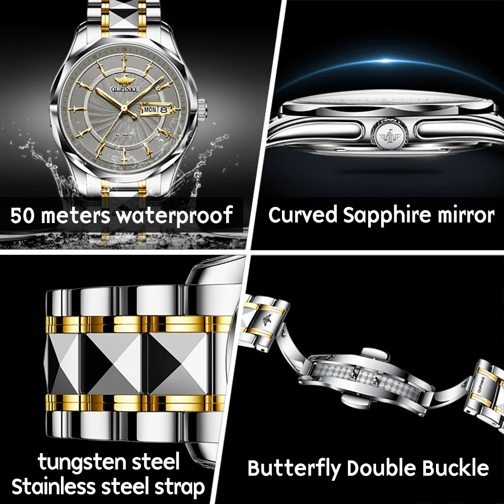 OUPINKE Automatic Couple Series Business Sapphire Tungsten Steel Waterproof Luxury Mechanical Couple Watch Set Necklace Bracelet