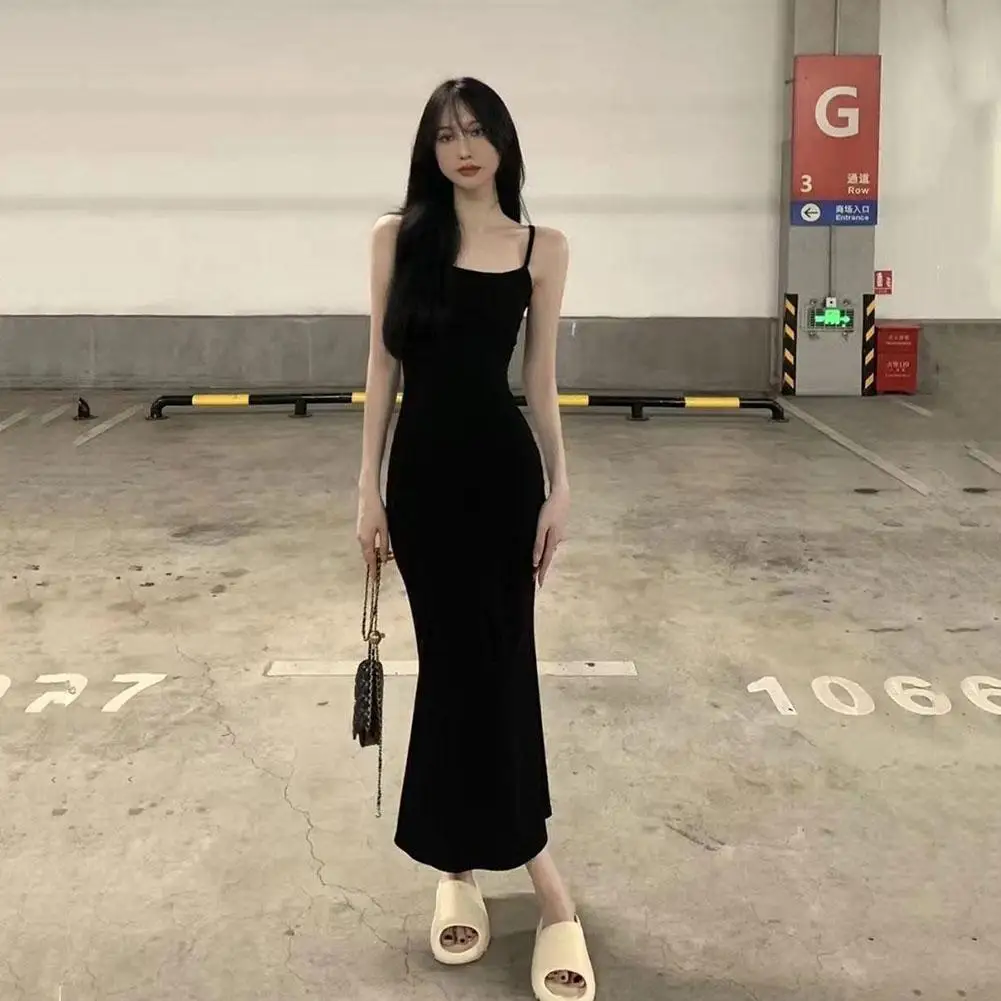 

Women Sexy Sling Long Bodycon Dress Spaghetti Strap Sleeveless High Waist Cami Dress Summer Party Club Slit Backless Dress