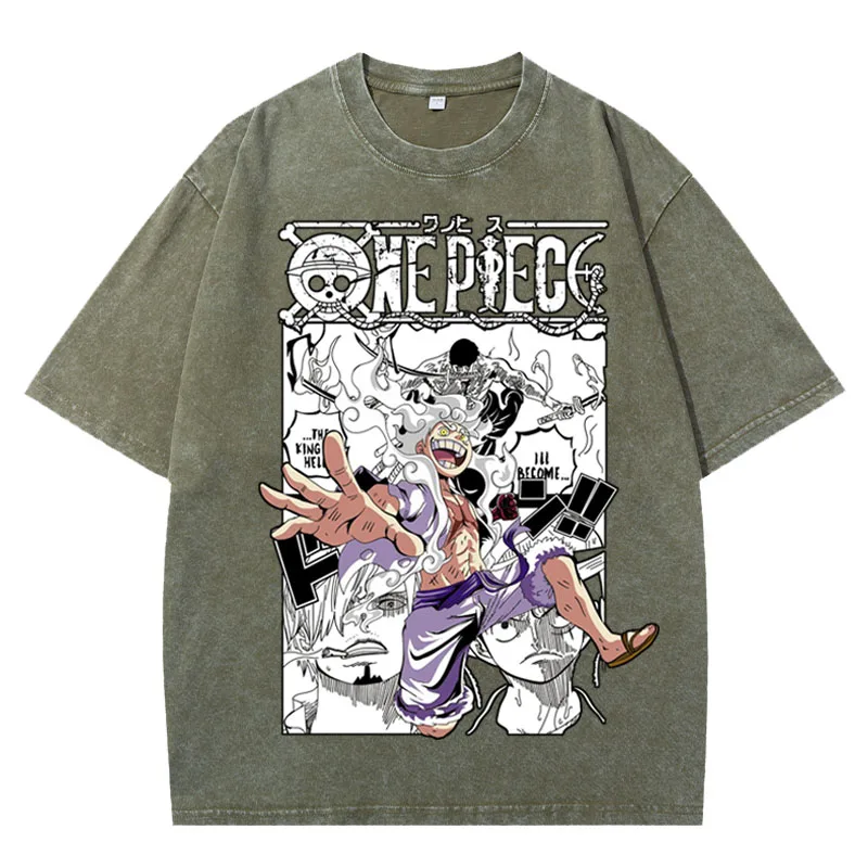 Фото Футболка унисекс 2026 One Piece Luffy Gear 5 с винтажным эффектом, принтом аниме и манги, оверсайз, с коротким рукавом, уличная повседневная одежда №2