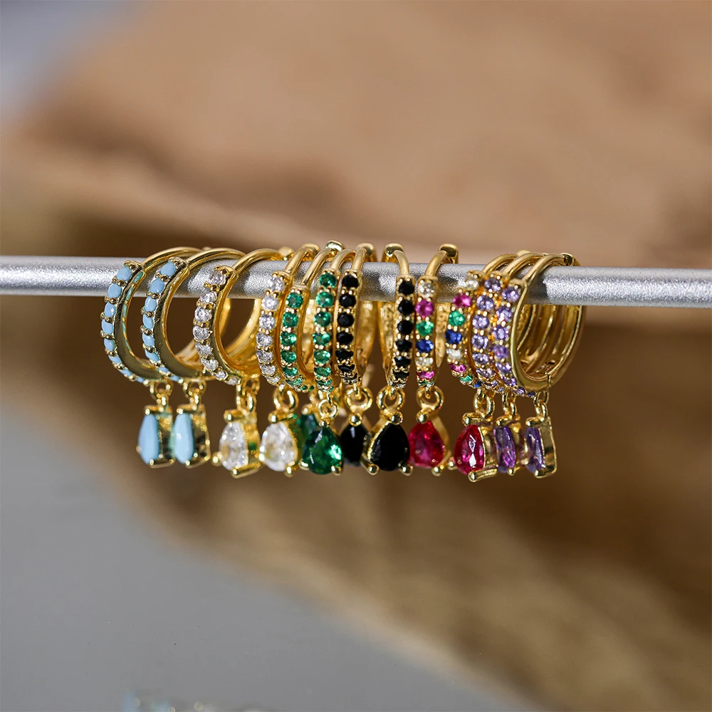 

BOAKO European and American Fashion INS Wind Hoop Earring 925 Sterling Silver Colorful Zircon Waterdrop Pendant Earrings Jewerly
