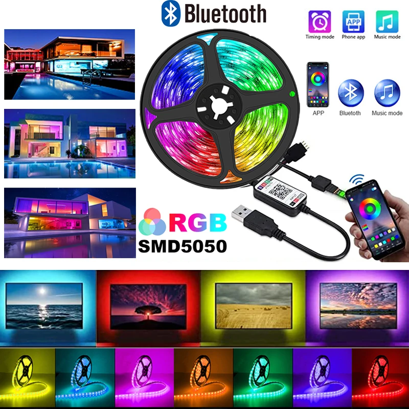 SMD5050 Lamp for TV Backlight DC5V LED Strip Light Bluetooth Control Music Mode for Room Decoration 1m 2m 3m 4m 5m Neon Lights