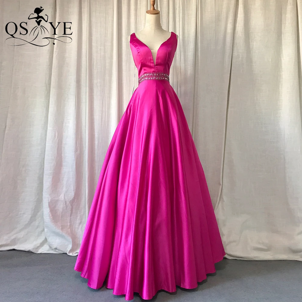 

Атласные вечерние платья Fuschia, простое длинное платье с V-образным вырезом для выпускного вечера, с открытой спиной, с бусинами, с поясом, веч...