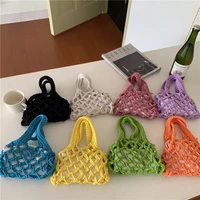 summer bright colour cotton rope woven womens handbag 2piece mesh hollow out small bucket bag design bohemian beach bag female