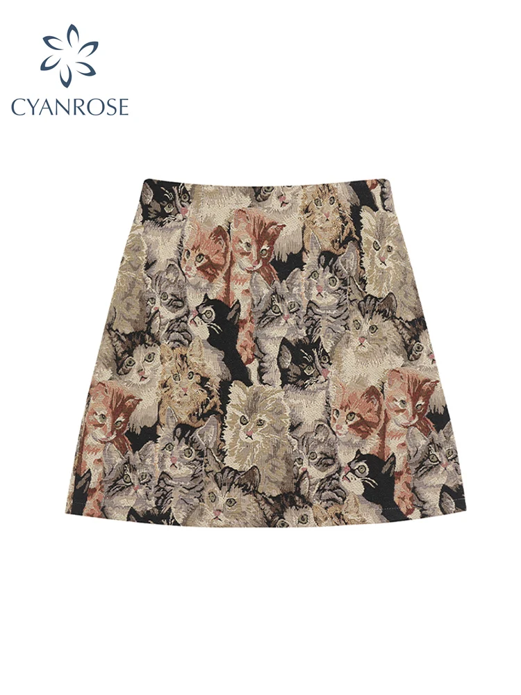 Женская короткая юбка-трапеция с принтом кошки свободная ВИНТАЖНАЯ ДЖИНСОВАЯ