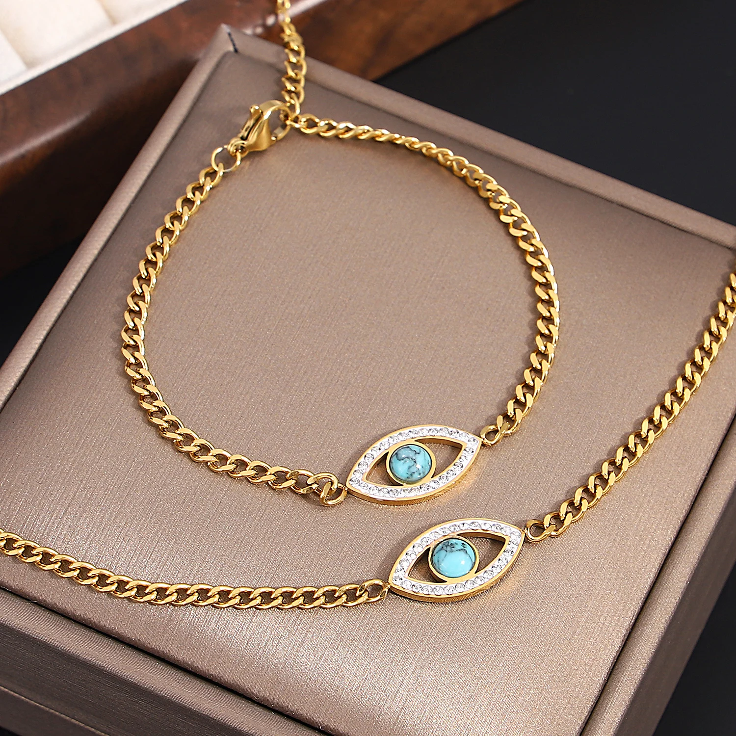 DODOHAO 316L ожерелья из нержавеющей стали с подвеской с голубыми глазами для женщин турецкий Vintahe чокер цепь ожерелье набор Ювелирные изделия Подарки