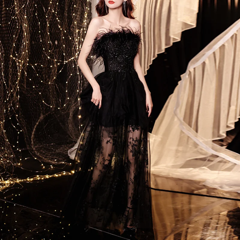 

Strapless Appliques Vestidos Elegantes Para Mujer Mesh Design Party Dress 2023 Summer Feather Tiered Slim Waist Evening Dresses
