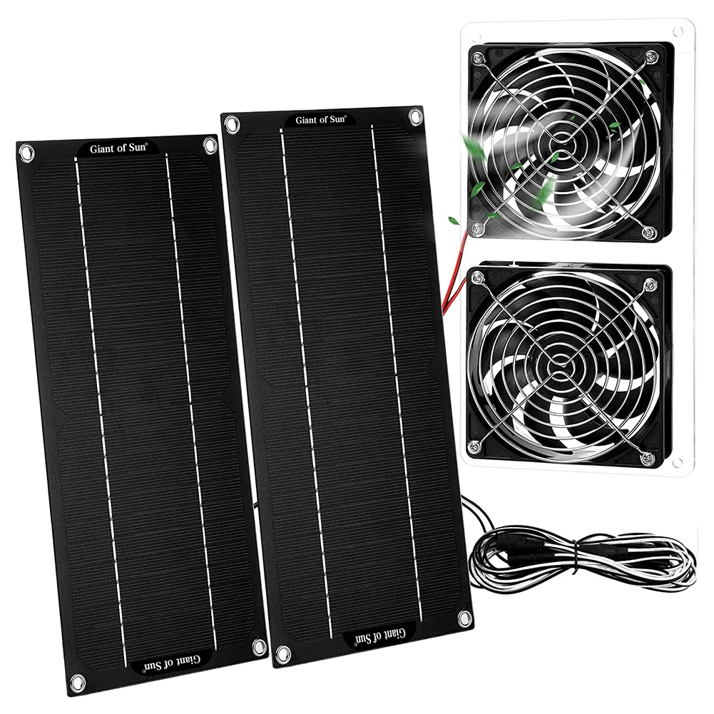 

20W 12V Solar Panel Fan Kit Waterproof Solar Powered Dual Exhaust Cooling Ventilator for Dog Chicken House Greenhouse Sheds
