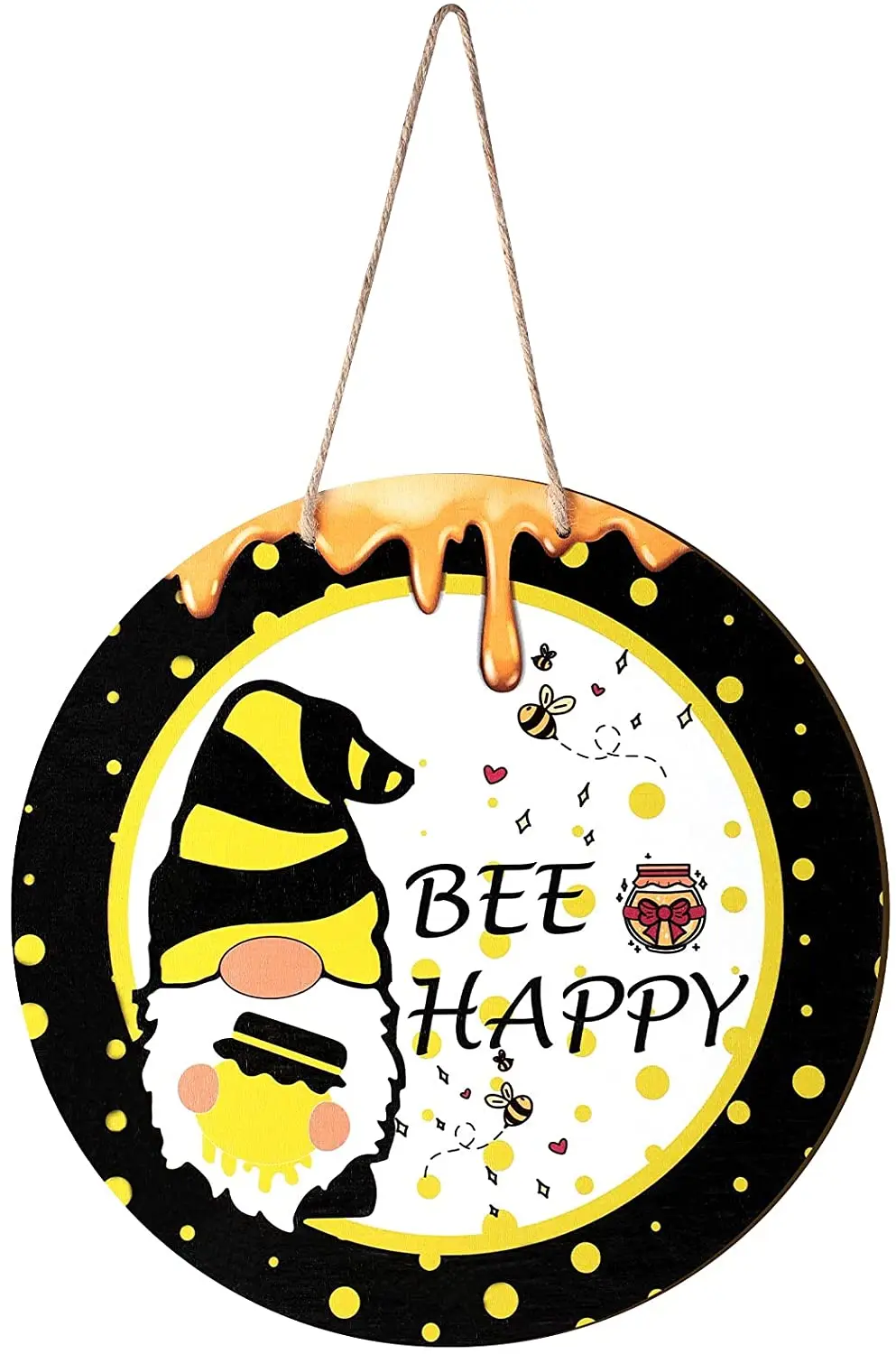 

Jetec Bee Happy Sign Decor Gnome Wooden Sign Round Wood Farmhouse Porch Decoration Happy Summer Wood Block Plaque Decoration