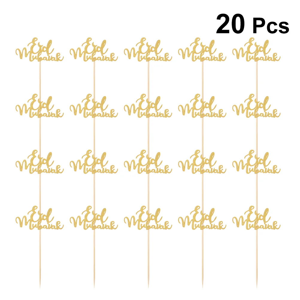 

20pcs Eid Mubarak Cake Topper Unique Cupcake Ornament Picks Cake Decor Dessert Adornment for Party Festival (Golden, Paper