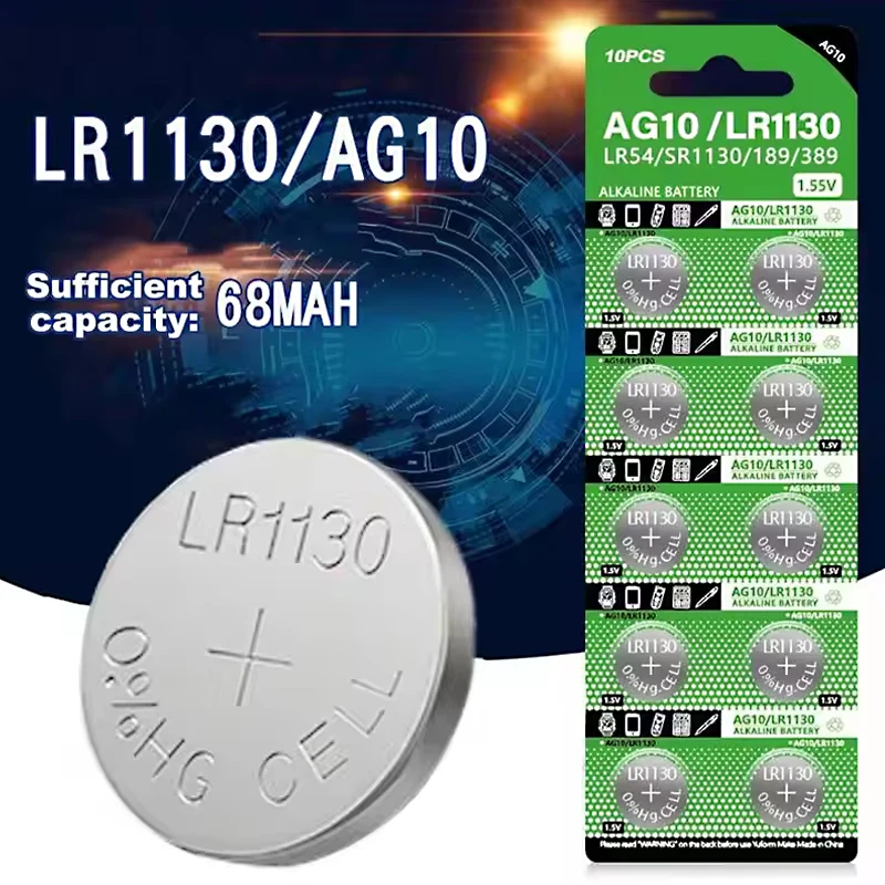 Фото LR1130 AG10 Кнопочный элемент 1,55 В SR54 389 189 SR1130 D189 LR54 Батарейки G10A SR1130SW Монета Часы Игрушки Дистанционный аккумулятор №1