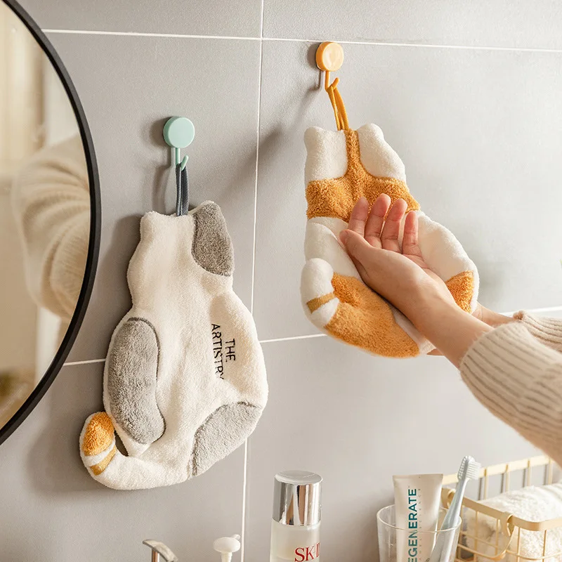 

Soft Cat Hand Towels Hanging Towel Kitchen Bathroom Cat Bathing Ball Soft Absorbent Microfiber Wipe Towel Cartoon Kids Towels