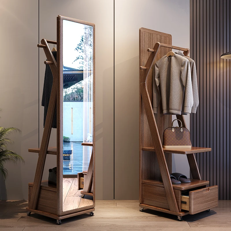 

Movable Rotating Full-Length Mirror Clothes Rack Integrated Multifunctional Floor Bedroom Solid Wood Coat and Hat Rack
