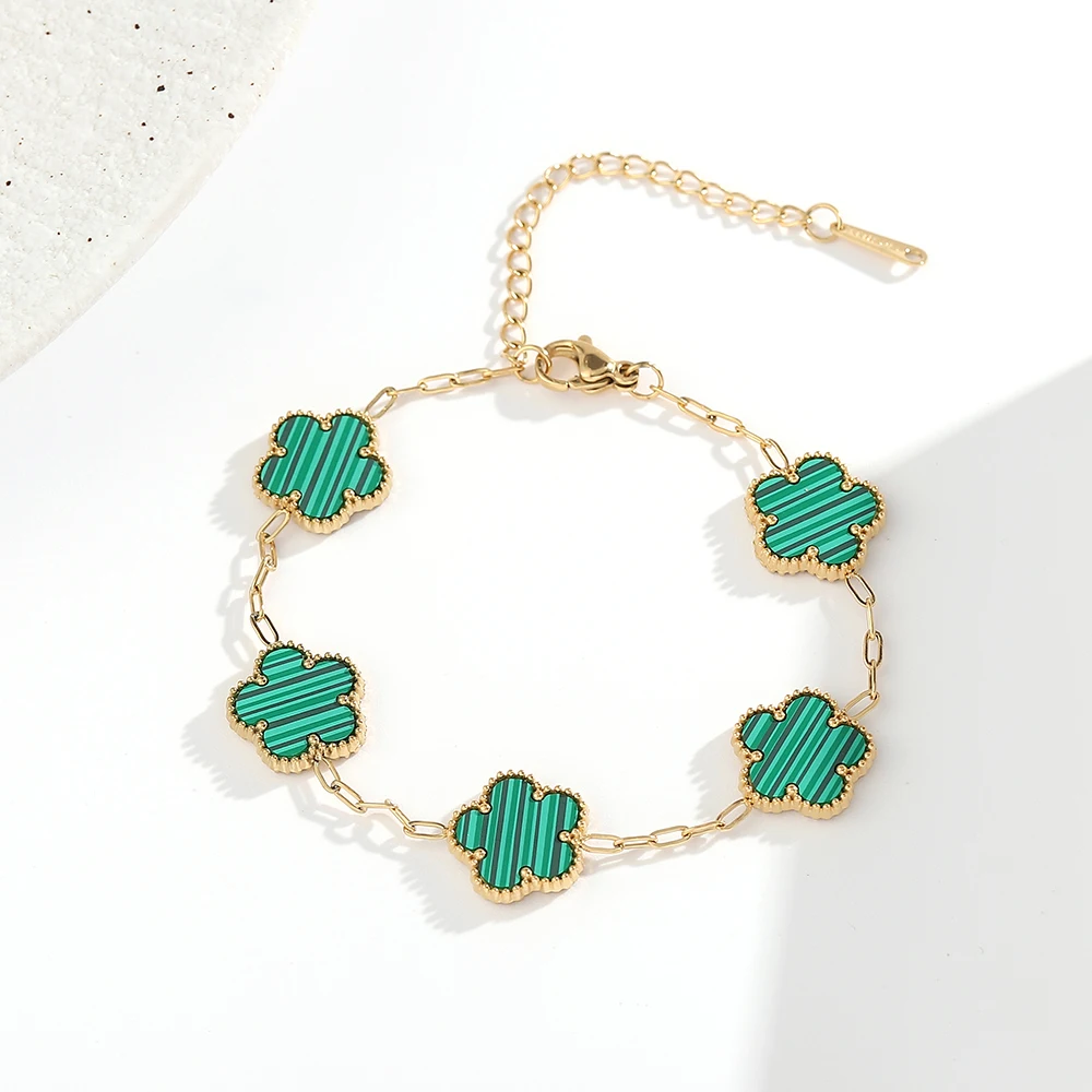 Luxury Five Flowers Charm Bracelet Double Side Shell Bracelets Gold Plated Stainless Steel Fashion Jewelry for Women Party Gift