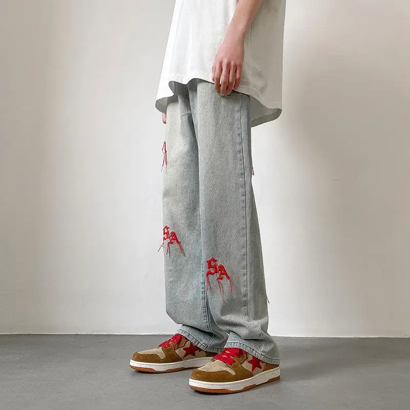 

Retro washed jeans Women's high Street embroidered loose straight pants jeans woman y2k baggy wide leg jeans vintage streetwear