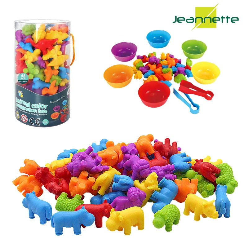 

48Pcs Kids Color Cognition Montessori Educational Counting Animal Dinosaur Toy Sorting Match Game Sensory Toy for Christmas Gift