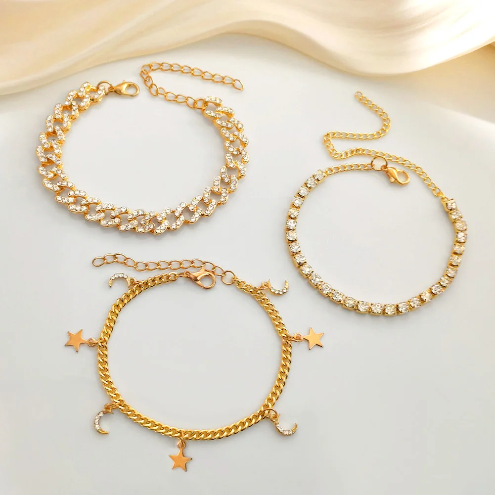 Женские браслеты из кубинской цепи Flatfoosie 3 шт. модные со сверкающими звеньями