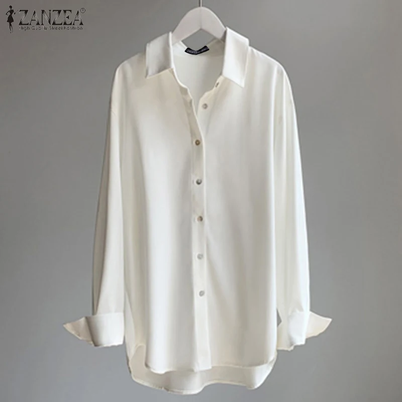 

Весна-Осень 2022 блузка с длинным рукавом оверсайз Повседневная Однотонная рубашка ZANZEA Офисная Женская атласная блузка Рубашки Женская Базо...