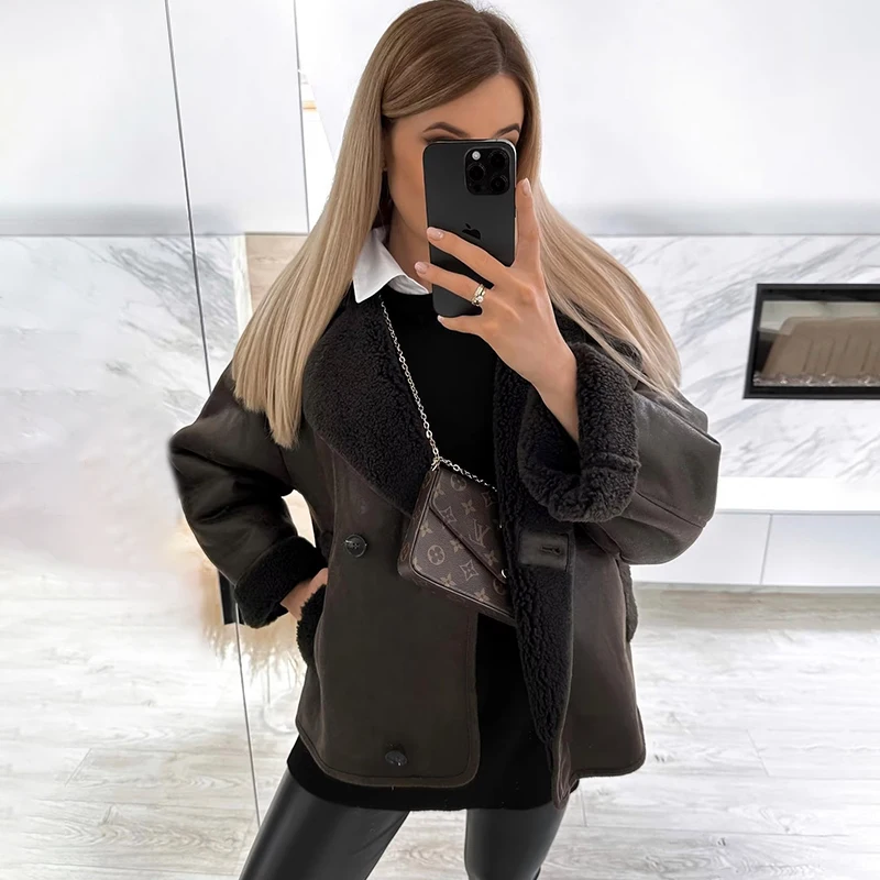 Fashion Large Lapel Single Breasted Splice Lambswool  Manteau Femme Hiver Casual Wool Blends Coat Women Vintage New In Outwears