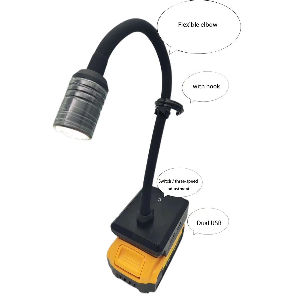 

For Milwaukee 18-20V Max DCB Li-ion Battery Powered Flexible Lamp LED Work Light With Dual USB Hook Gooseneck Study Light