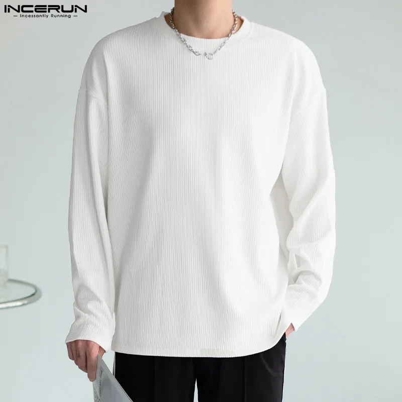 

Новая Универсальная Простая мужская рубашка в Корейском стиле, Повседневная Уличная одежда, мужские однотонные футболки с круглым вырезом ...