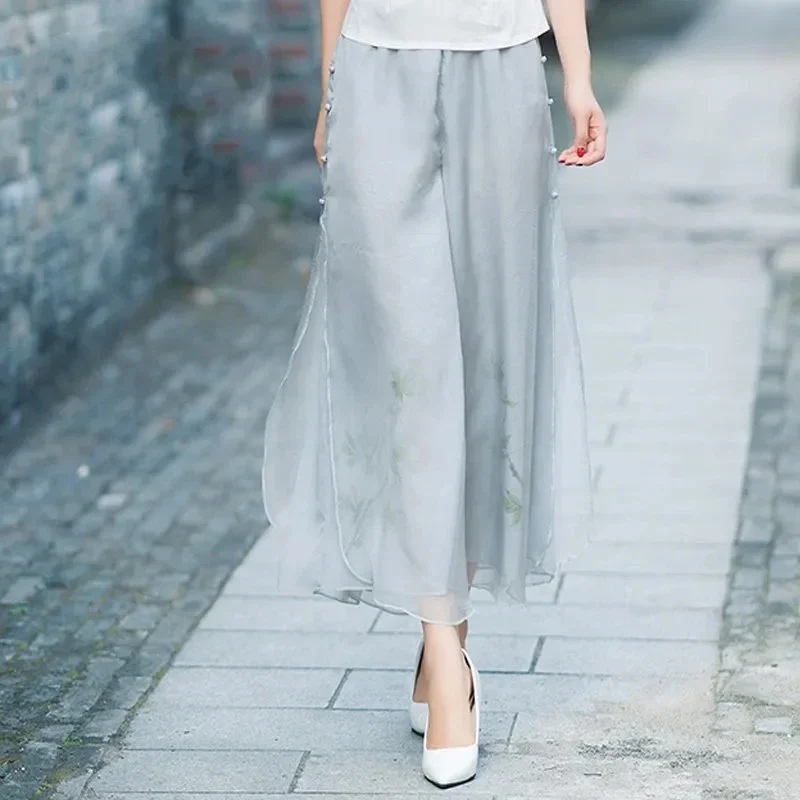 

Новые Летние шифоновые брюки в национальном стиле с принтом и широкими штанинами, Женские китайские винтажные модные женские брюки в стиле Харадзюку с эластичным поясом