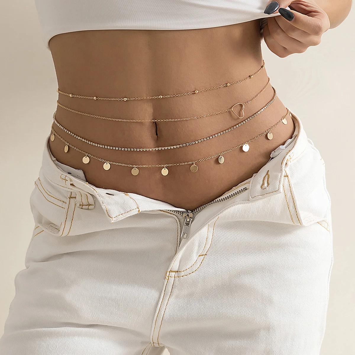 

for Women Body Jewelry Sexy Overlay Metal Chain Body Chain Peach Heart Sequin Claw Chain Rhinestone Multi-layer Waist Chain Sexy