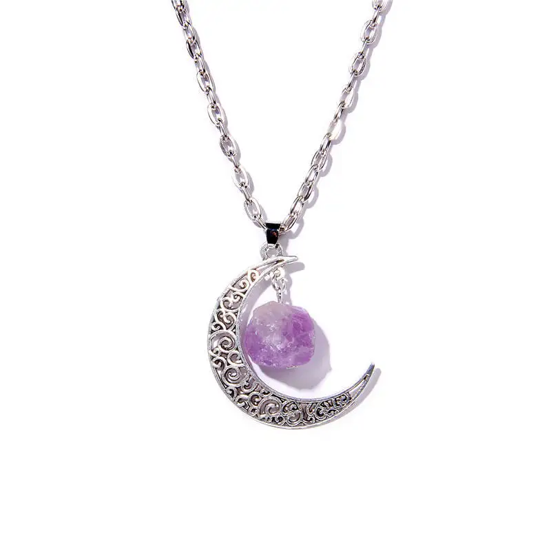 Silvery Color Crescent Moon Pendant Healing Crystals Stones Bead Raw Gemstone Charm Necklaces