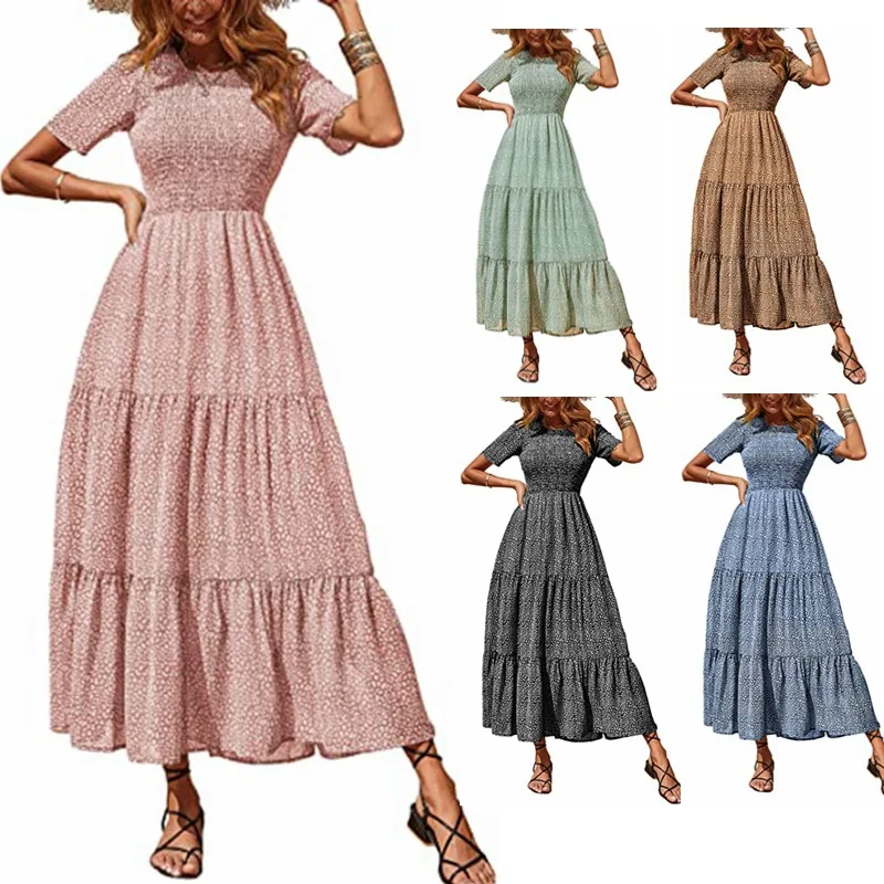 

Temperament Bohemian Round Neck Floral Printing Shirring Layered Short Sleeve Beach Long Dress Basic Summer Clothes for Women