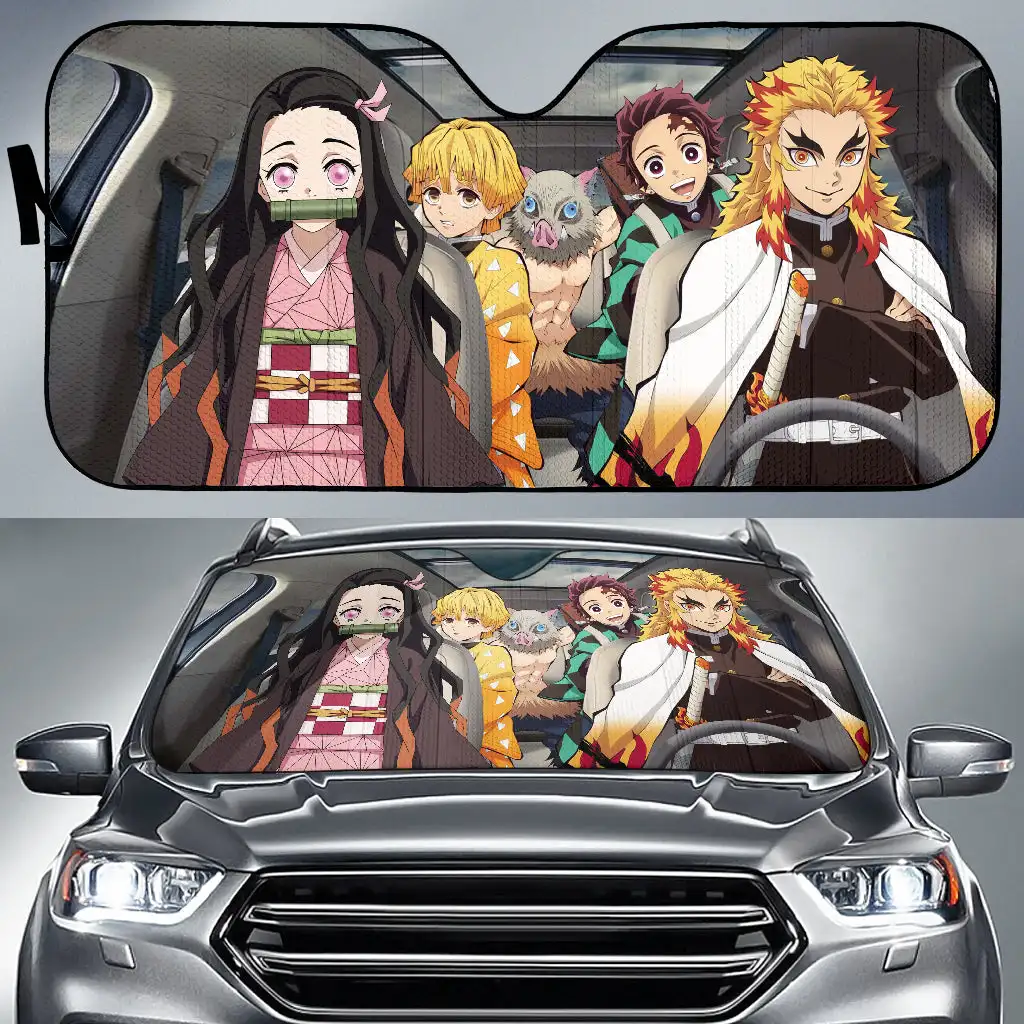 

Tanjiro Nezuko Zenitsu Inosuke Chibi Demon Slayer Anime Driving Car Auto Sunshades