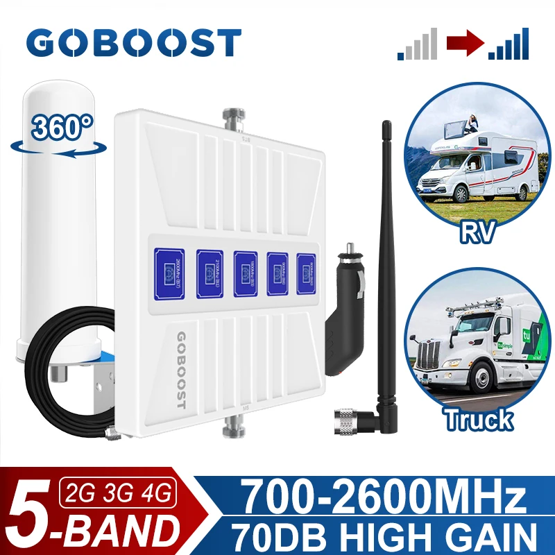 GOBOOST Cellular Signal Amplifier For RV/Truck 2G 3G 4G Five Band Booster 70dB 700-2600MHz Network Repeater With Antenna Kit