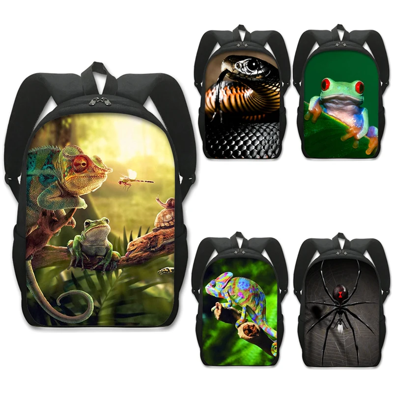 Reptiles Pet Frog Chameleon Snak Spider Print Backpack Women Men Shoulder Bags for Travel Children School Bags Kids Book Bag