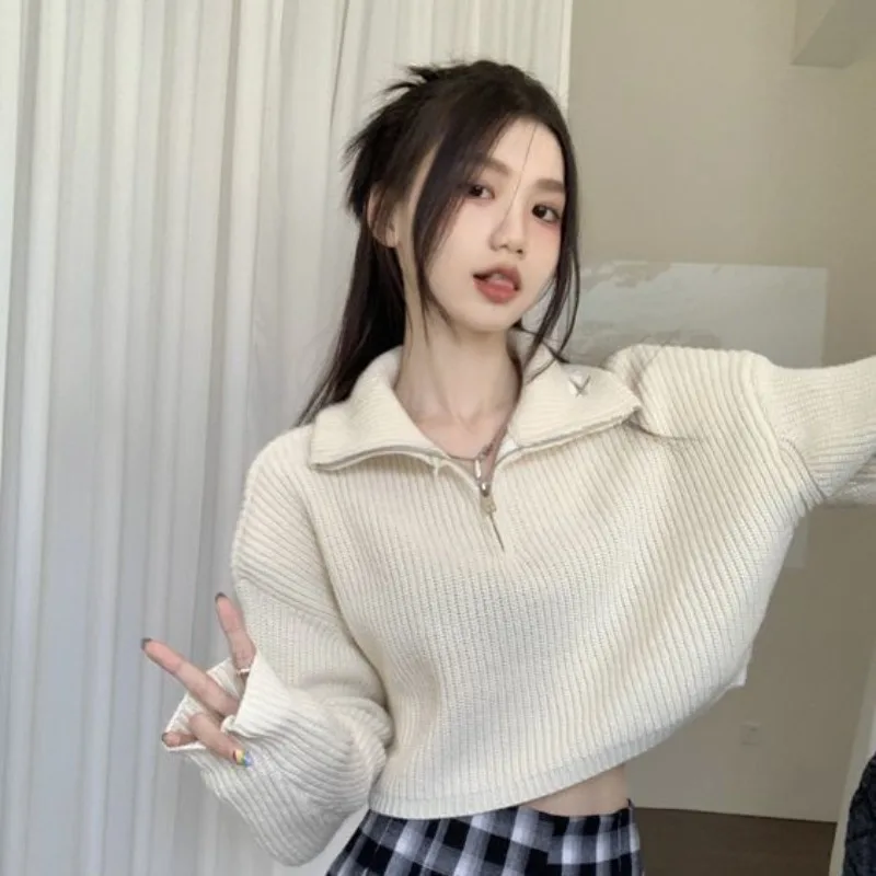 

Half High Neck Zippered Sweater for Women Spring and Autumn New Loose and Slim Casual Versatile Short Korean Knit Top Clothing