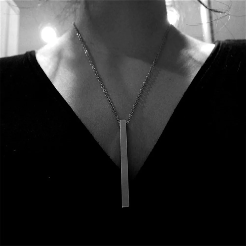 Personalized Custom Necklace Bar Laser Carved Pendant Gold Stainless Steel Necklace Gold Plated Vertical Initial Bar Necklace