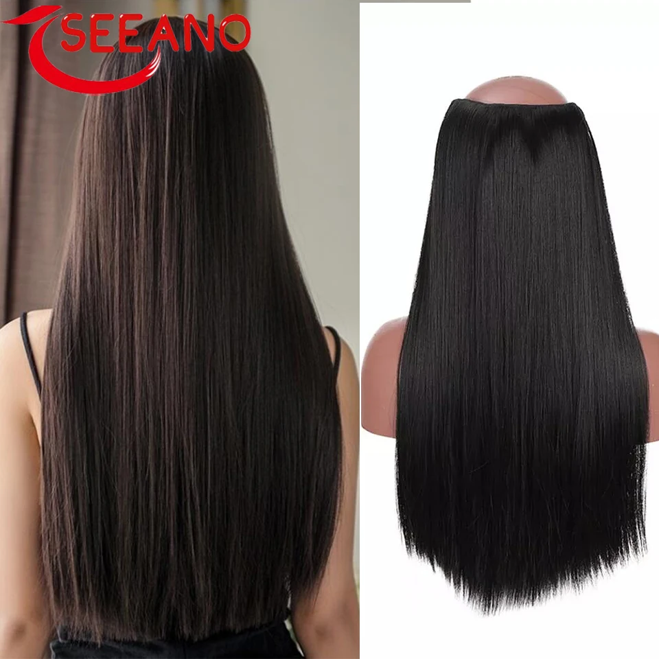 

SEEANO Synthetic Hair Extension 5 Clips V-shaped Half Wig Brown Blonde Red Curly Wave Straight Fake Hair For Women