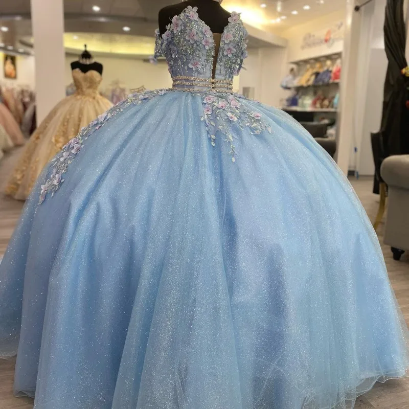 

Sky Blue Shiny Quinceanera Dresses Ball Gown Off the Shoulder Crystal 3D Flowers Sweet 15 16 Year Princess Dresse vestidos de 15