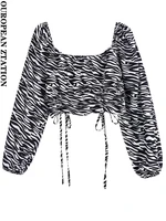 pailete women 2022 fashion with drawstring zebra print cropped blouses vintage square collar long sleeve female shirts chic tops