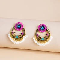 vintage womens pink flower indian earrings boho ethnic enamel hollow pearl beads tassel jhumka earrings wedding jewelry gift