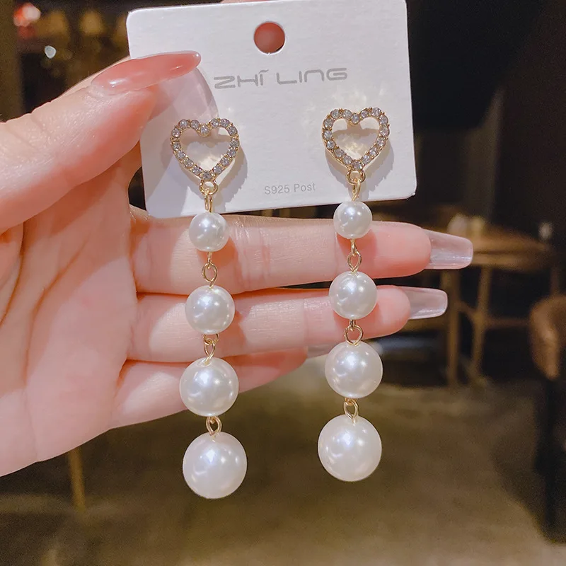 

95 Silver Needle Pearl Face Thin Korean Temperament Earrings Long High Sense Online Celebrity Tassel Earrings Female Earrings