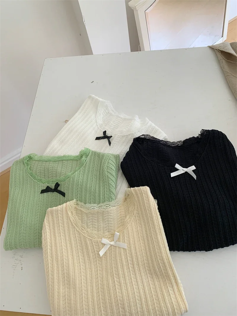 Женский Короткий трикотажный пуловер с кружевом 4 цвета