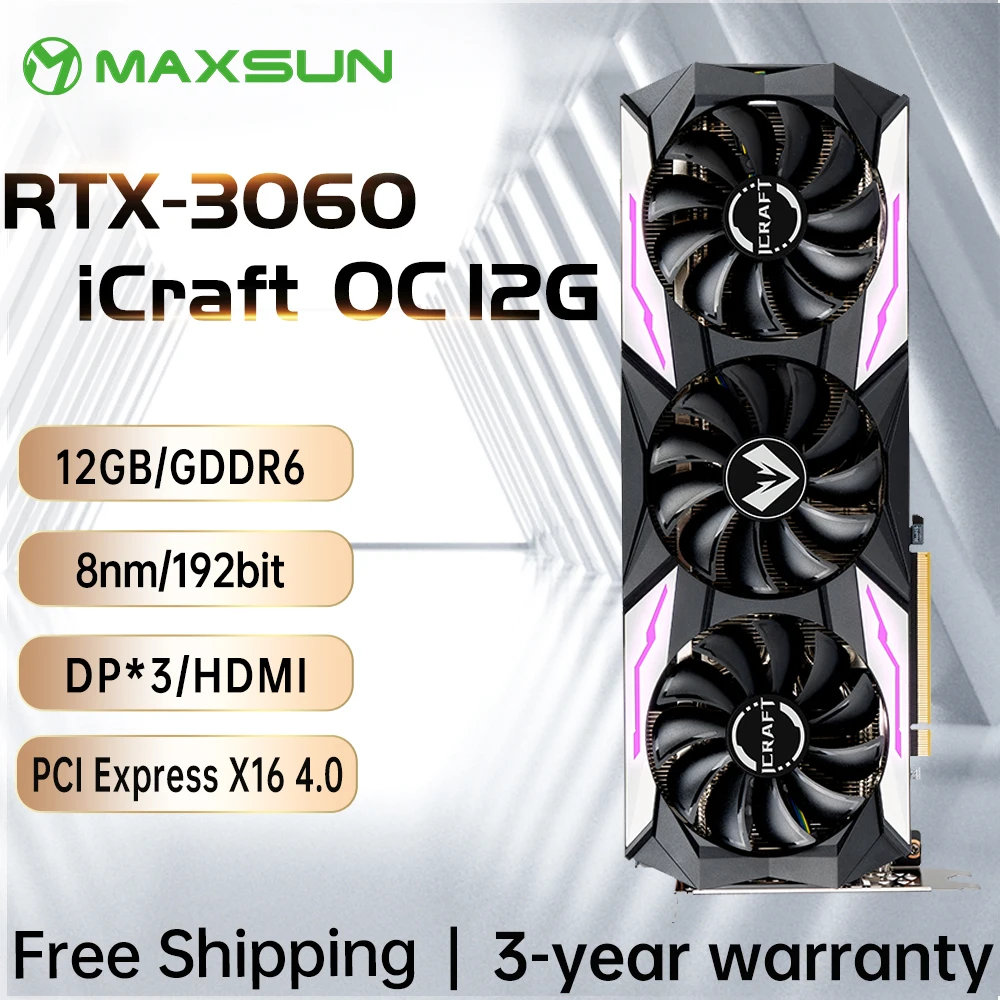  Видеокарта MAXSUN RTX 3060 iCraft OC 12G GDDR6 GPU NVIDIA для ПК, игровая видеокарта 192 бит, компьютерные компоненты, полностью Новые