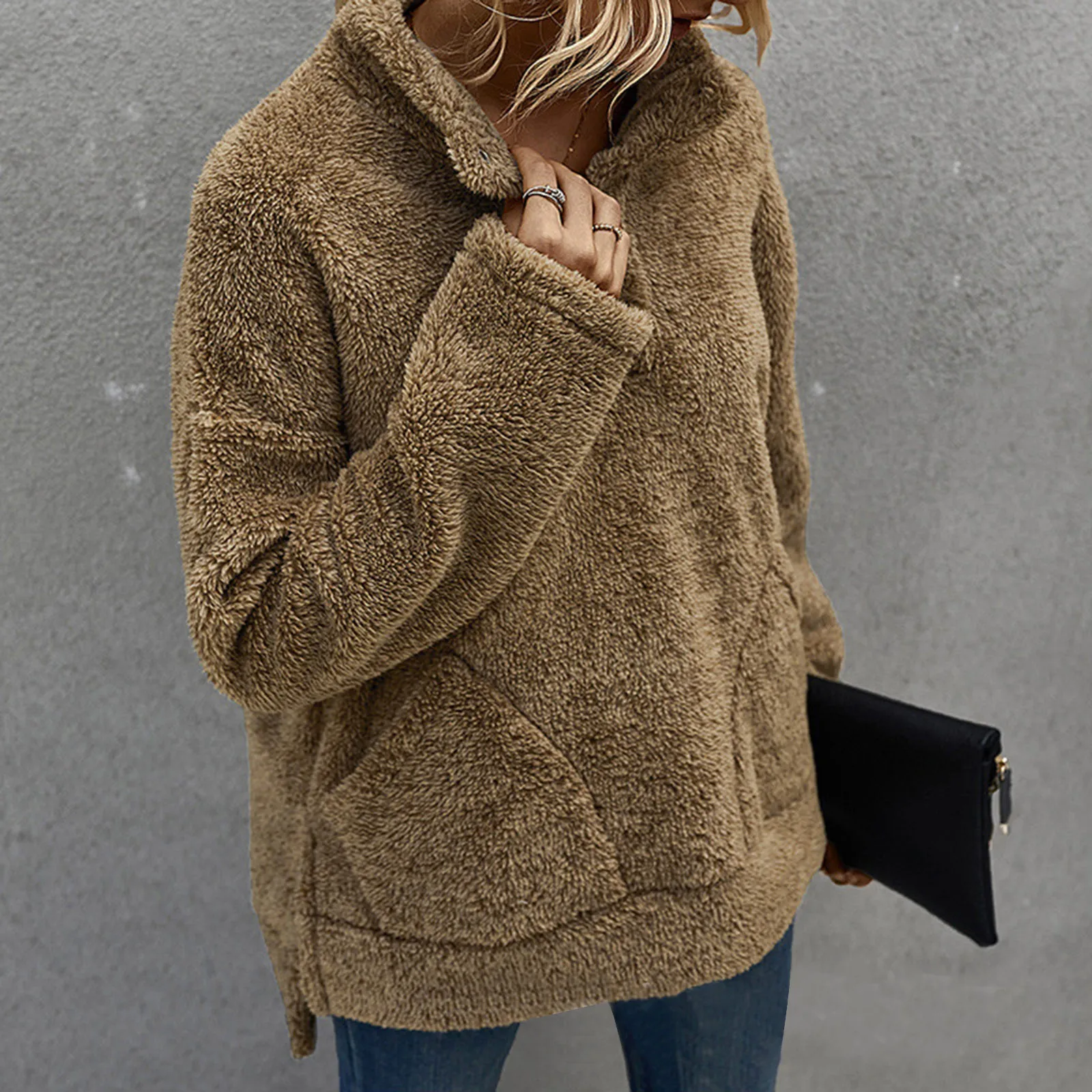 

Пуловер женский плюшевый с длинным рукавом, свитшот с воротником-стойкой, теплая толстовка на пуговицах, Свободный Топ, уличная одежда, осень-зима