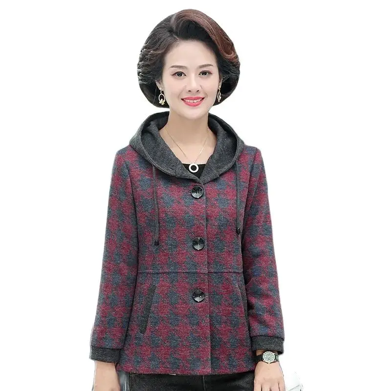 

Шерстяное пальто для женщин среднего возраста, весна-осень, свободное повседневное пальто с капюшоном, Высококачественная тонкая шерстяна...