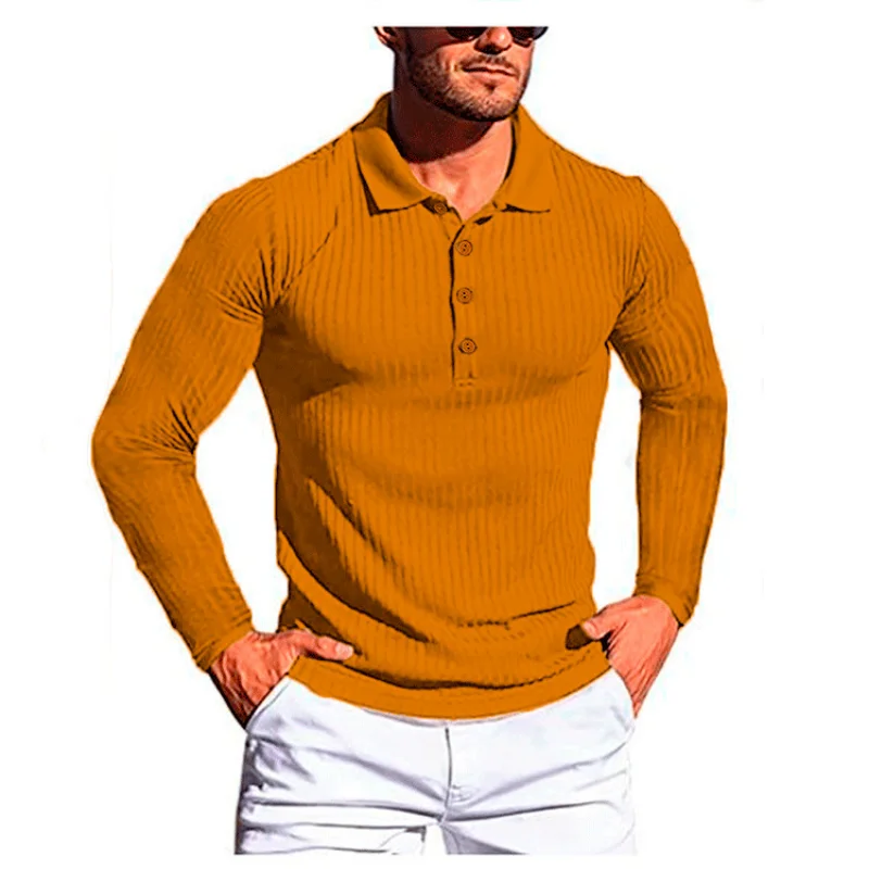 

New Men's Running Sports Fitness Clothes Summer High Elastic Vertical Strip Long-sleeved Lapel Shirt Slim Tops