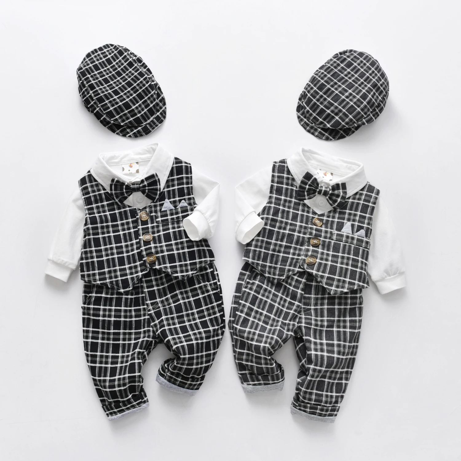 Newborn Boy Formal Clothes Set 4PC Long Sleeves Plaid Bow Neck Style Romper Babypsuit & Blazer Waistcoat & Pants With Hat