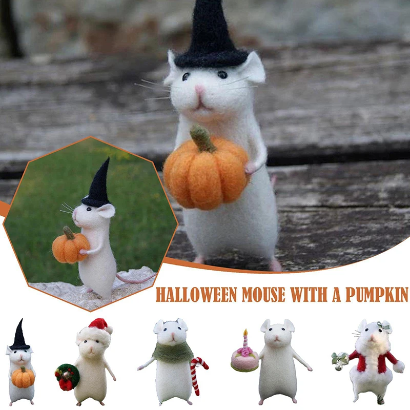 

Kit No Finish Halloween Hallowmas Christmals Mouse Mice With Pumpkin Cake Wool Needle Felt Kit Funny DIY Mouse Animal Toy Kit