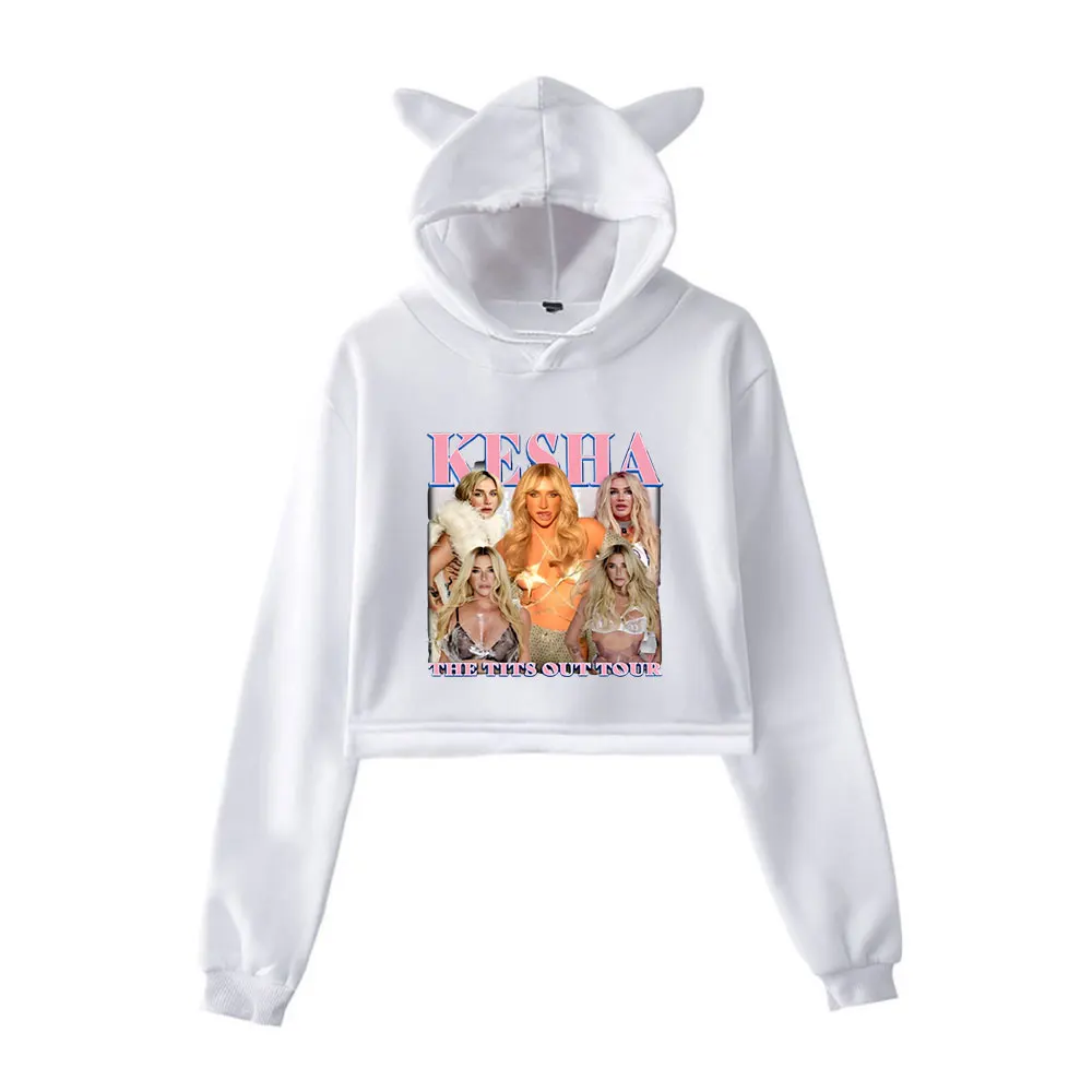 Фото Kesha Merch винтажная уличная одежда 90-х годов с логотипом, толстовки с капюшоном для девочек, укороченный модный спортивный пуловер с кошачьими ушками №2