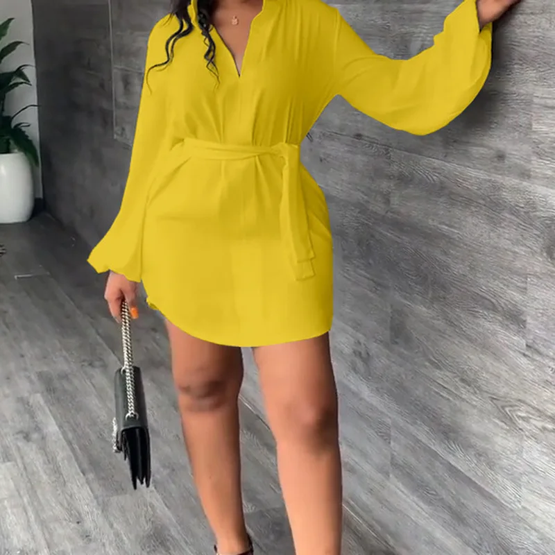 

Wepbel Lace-up Shirt Dress Spring Lace Up V-neck Shirts Dress Women Solid Color Long Puff Sleeve Clubwear Sexy Mini A-line Dress