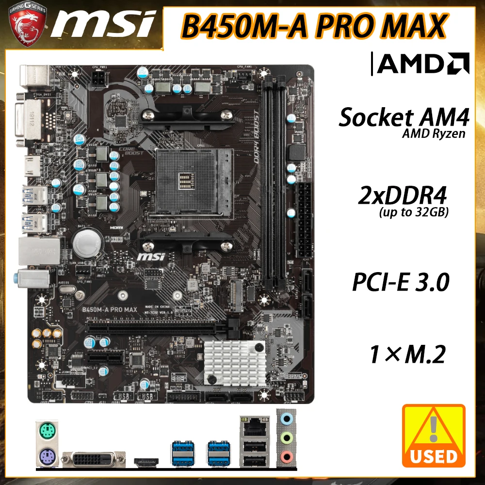 B450M MSI B450M-A PRO MAX Motherboard Socket AM4 for Ryzen 5 5600x CPU AMD B450 2xDDR4 PCI-E 3.0 SATA III 1xM.2 Micro ATX  32GB