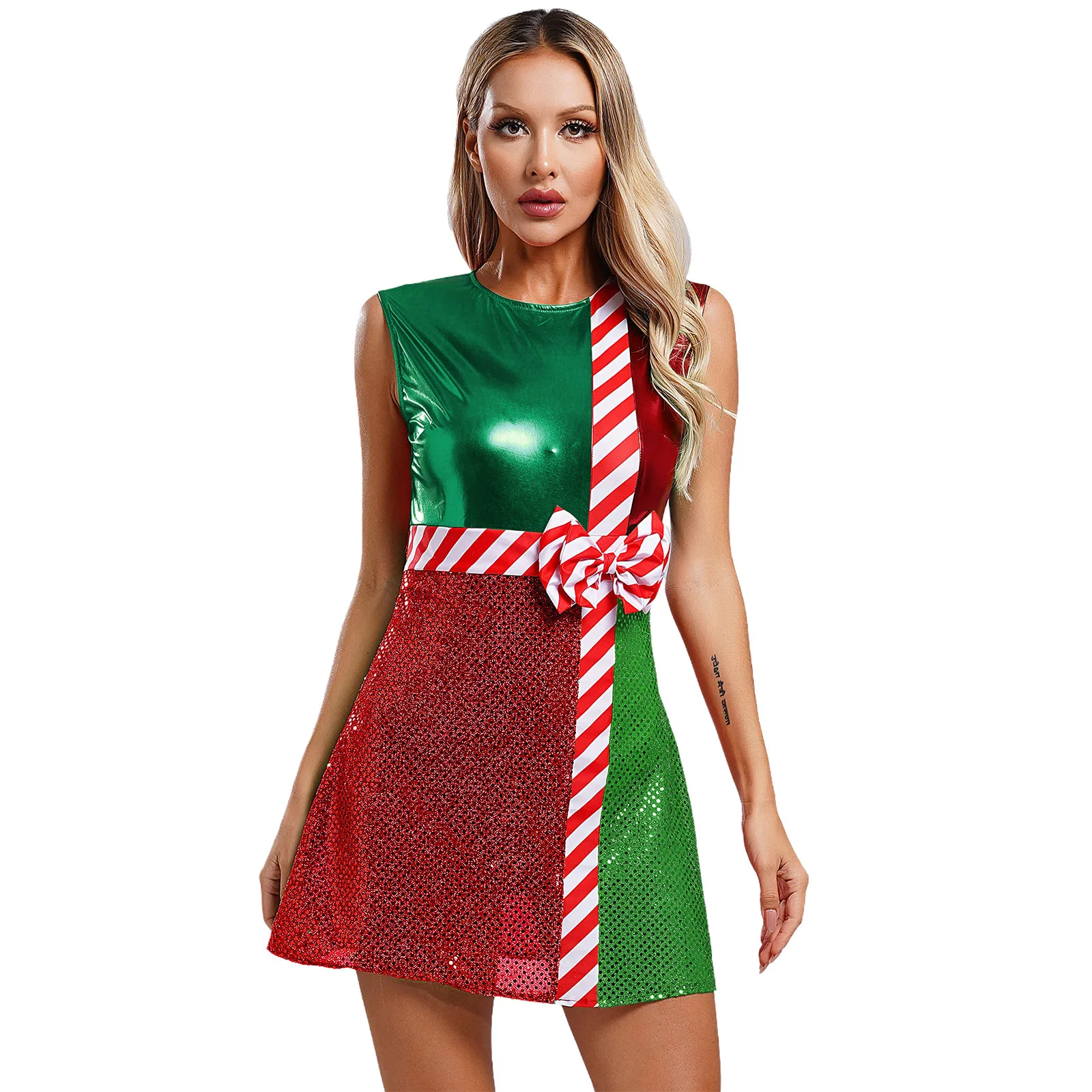 Женское платье с блестками без рукавов на Рождество