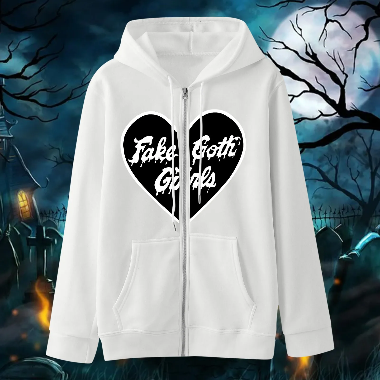 

Womens Hoodless Gothic Style Loose Full Zip Sweatshirt Round Neck Casual Pullover Tops Fit Long Sleeve Three Quarter Sweater